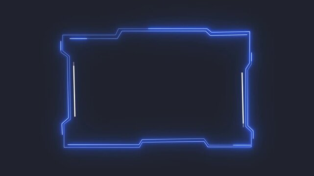 Futuristic HUD frame design with glowing neon blue lines animated in digital loop for gaming interface presentation screen element overlay motion graphic on dark background.