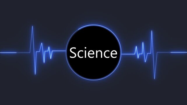 Science text animation with glowing blue neon heartbeat line pulse motion and futuristic dark circular element featuring dynamic digital wave frequency effects for footage.