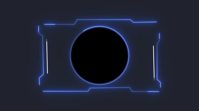 Futuristic neon interface frame with glowing blue lines and circular dark center element rotating slowly against dark background showing digital technology motion graphic clip.
