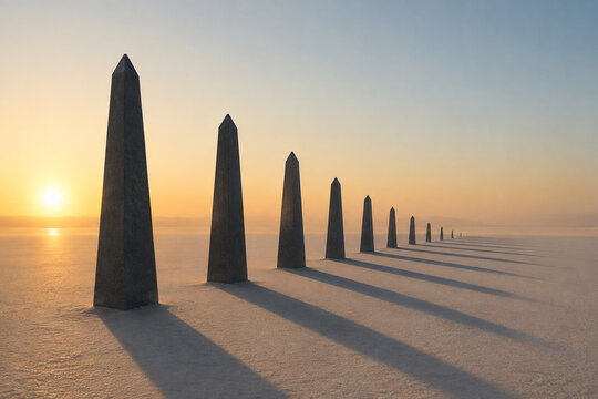 Row of progressively smaller stone obelisks casting long shadows.
