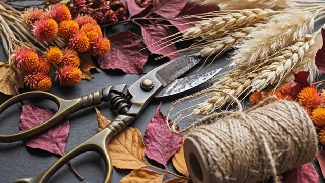 Autumn Floral Craft Arrangement with Vintage Scissors and Twine