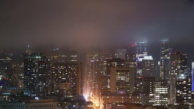 San Francisco Foggy Downtown Financial District Skyline Telephoto Night Time Lapse California USA