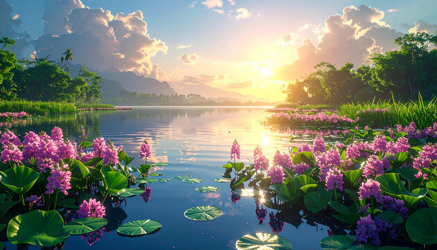 Tranquil lake landscape sunrise