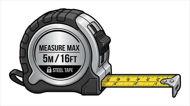 Realistic vector illustration of a modern 5m 16ft steel tape measure tool isolated on a white background.