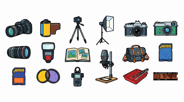 Set of hand drawn photography equipment icons.
