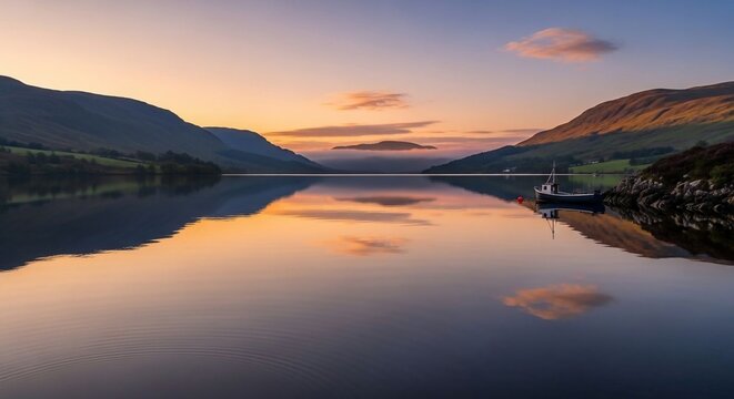 Tranquil lake landscape sunrise reflection
