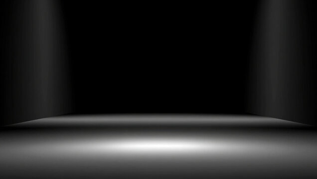 Minimalist black and white studio scene with empty stage, soft spotlight, and dramatic shadow creating quiet cinematic atmosphere for visual presentation
