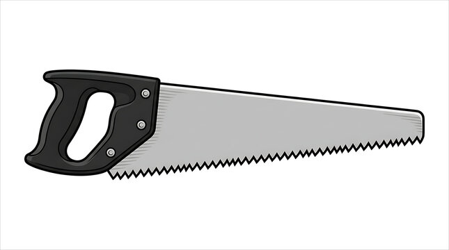 Vector illustration of a classic hand saw for woodworking with a black ergonomic handle isolated on a white background.