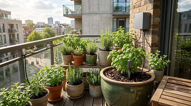 Potted green herbs and plants line an urban balcony wooden floor and railing, featuring an automatic irrigation water controller mounted on a brick wall overlooking city buildings.