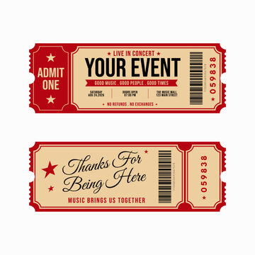 Vintage event ticket template with admit one coupon design