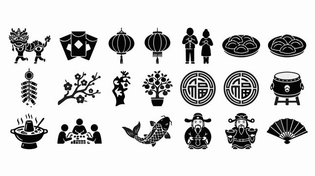 Set of Chinese New Year icons in black and white.