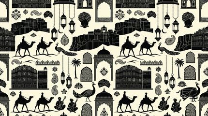 Fototapeta premium Decorative beige and black camel pattern with arches and palm motifs.