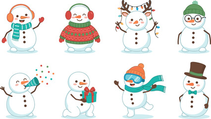 Fototapeta premium Cute Christmas Snowman Character Icon Set with Festive Winter Apparel Gifts and Holiday Costumes for New Year and Xmas Graphic Illustration Designs
