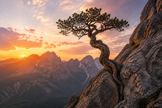 A single twisted tree growing from a steep rock crevice at sunset.
