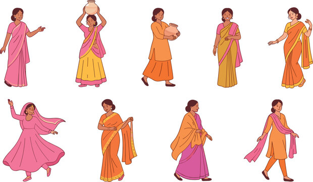 Indian and South Asian Women Character Set Wearing Traditional Saree and Salwar Kameez Dresses for Cultural Festivals Weddings and Diverse Graphic Illustrations