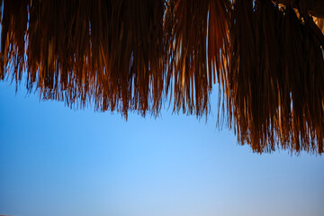 Thatch parasol roof hanging against bright blue sky on sunny day © Buğra Kaan Ersoy