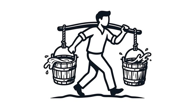 Man carrying water buckets with yoke with transparent background