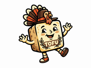 Fototapeta premium Cute tofu mascot wearing a turkey hat flat vector illustration for vegan Thanksgiving holiday and plant-based dinner concept isolated on white background