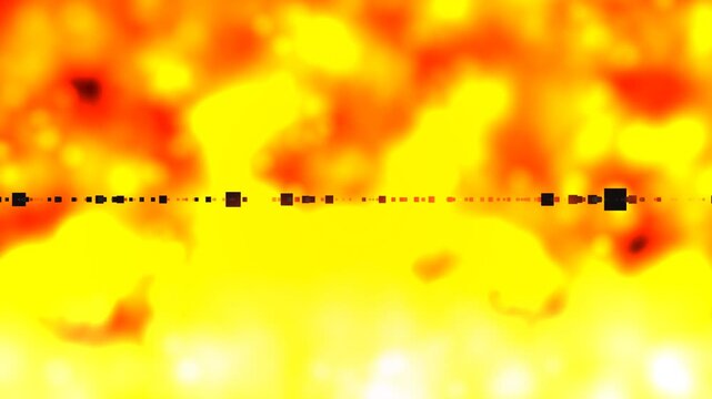 Vibrant fiery orange and yellow abstract background featuring digital pixel geometric particles aligned horizontally across an energetic glowing heat visual backdrop for futuristic media.