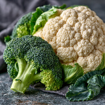 Fresh cauliflower and broccoli heads with green leaves on dark rustic background