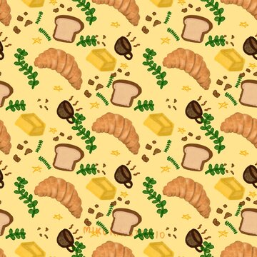 Cute bakery pattern with croissants, bread, butter, and coffee cups