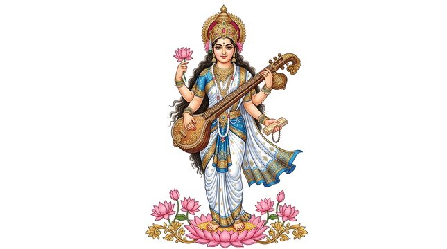 Saraswati goddess playing veena lute instrument standing gracefully on lotus flower