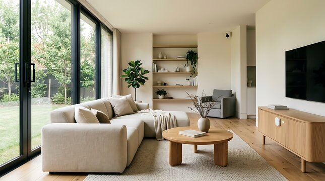 A modern open-plan living room with large sliding glass doors overlooking a backyard features a beige sectional sofa, a round wooden coffee table, a TV console, and neutral decor.