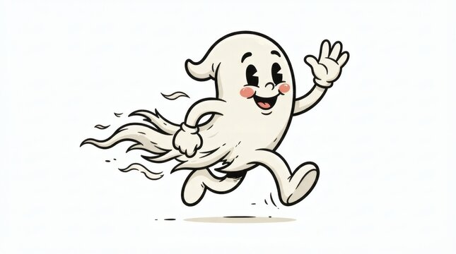 Retro Cartoon Mascot Illustration Ghost Character Trailing Wispy Tattered Tail Waving Mid Stride

