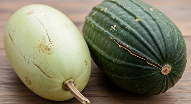 Two whole green skin squash vegetables sitting side by side with vegetable