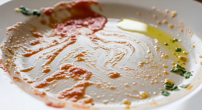 Empty white plate with tomato sauce drizzle and olive oil residue, leftover