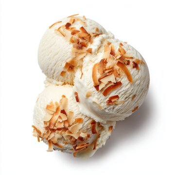 gelato scoops with toasted coconut flakes isolated on white background