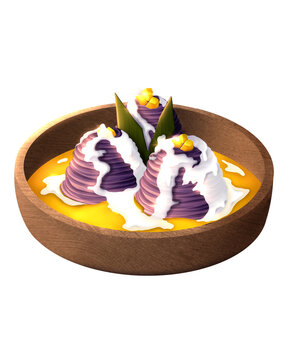 Indonesian Traditional Purple Yam Putu Mayang Dessert with Coconut Milk and Palm Sugar Sauce in Wooden Bowl, Isolated