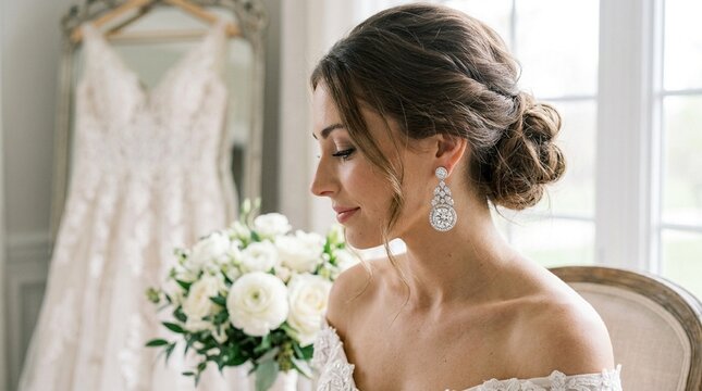 Elegant Bride with Bouquet and Wedding Dress, Bridal Portrait