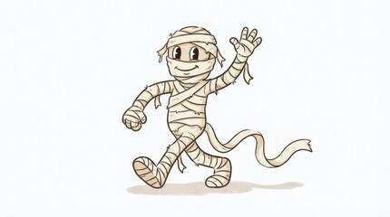 Fototapeta premium Retro Cartoon Mascot Illustration Mummy Character One Bandage Trailing Loose Walking Arm Raised