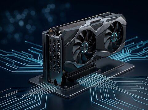 Modern graphics card with blue circuit board lines and futuristic technology aesthetic