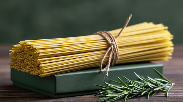 Spaghetti pasta bundle tied with twine on green box beside rosemary on wooden table
