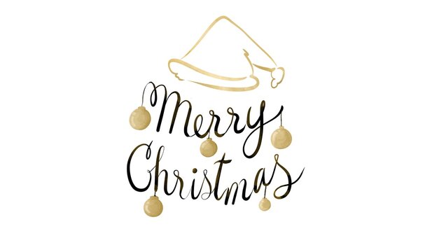 Merry christmas typography design featuring santa hat and gold baubles