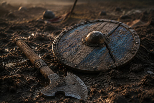 Weathered round shield and battle axe in muddy earth, low-angle lighting.