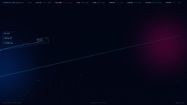 Futuristic digital stock market HUD display with animated glowing blue growth graph rising on dark background, perfect for business analytics, cyber finance, and corporate data visualization concept.