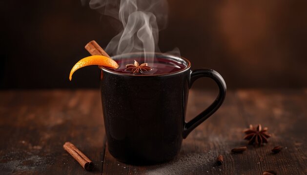 Hot mulled wine in a black ceramic mug with steam cinnamon sticks orange peel star anise hot drink winter drink alcoholic drink wooden table dark background comfort food black cup hot liquid