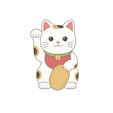 Cute maneki neko lucky cat holding a gold koban coin with a red bib and bell collar on a white background
