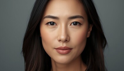 Fototapeta premium Close-up portrait of a confident young woman with smooth skin, dark hair, and natural makeup against a neutral gray background.