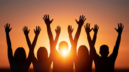 Fototapeta premium Silhouette crowd sunset celebration achievement moment group raised hand orange sunlight