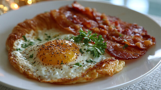 Fried sunny side up egg with crispy bacon and fresh herbs on a white plate, of foo