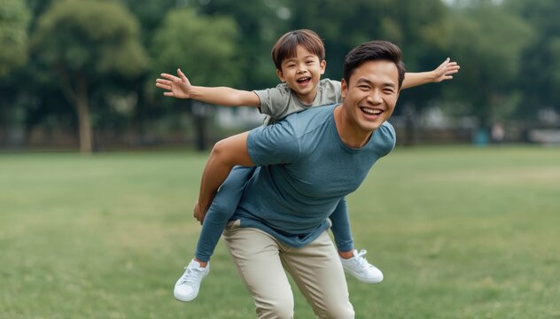 A joyful father giving his son a piggyback ride outdoors, both smiling and enjoying a playful moment in a green park. happy father's day