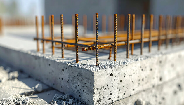Reinforced Concrete Foundation: Close-up view of a concrete foundation with rebar reinforcement, ready for construction, highlighting structural integrity.