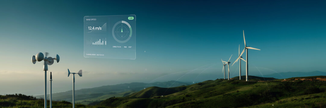 Wind turbines and anemometer measuring wind speed on a green hillside with digital display