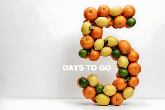 Number five made of fresh citrus fruits with text overlay for countdown marketing campaign