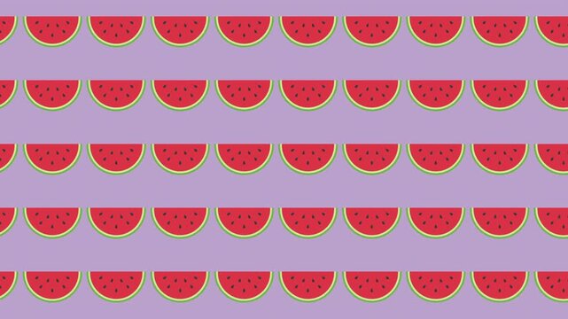 Repeating watermelon slice pattern design featuring vibrant red fruit segments on solid violet background for retail wallpaper