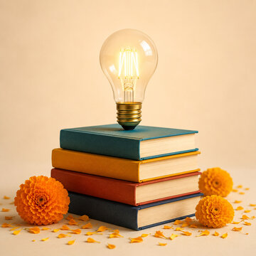 Teachers Day minimalist concept with glowing light bulb on stack of colorful books and marigold petals symbolizing knowledge idea and inspiration